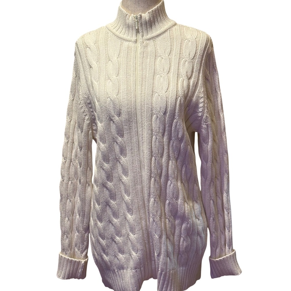 Women's Small DENIM & CO Cream Cable Knit Full Zip Mock‎ Neck Sweater